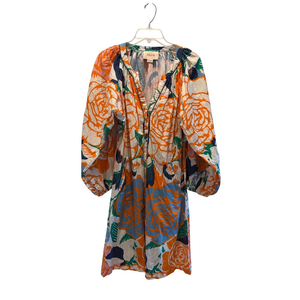 Figue Women Orange Blue Floral Cotton Mini Dress Balloon Sleeve Size M